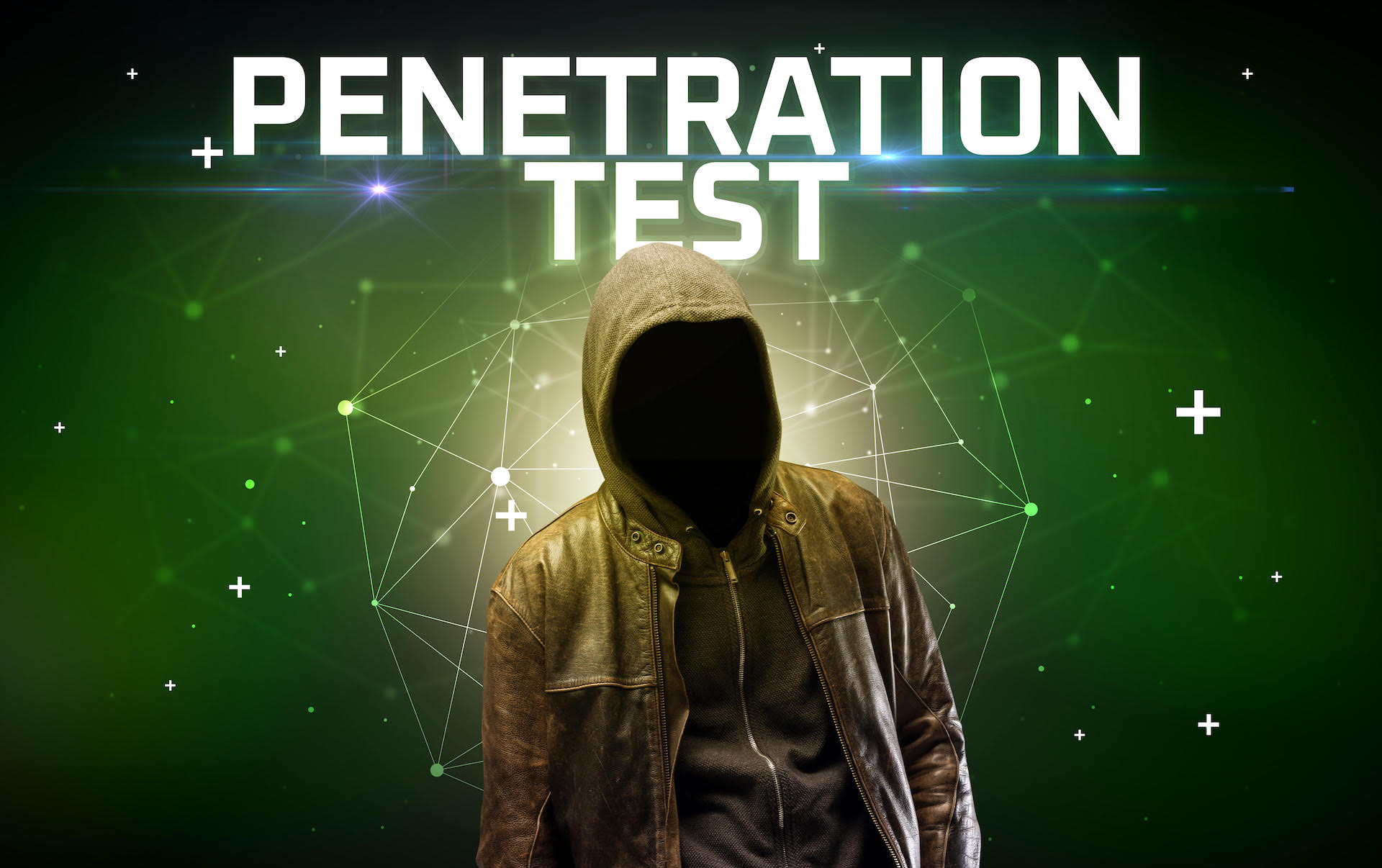 Mysterious hacker with PENETRATION TEST inscription, online attack concept inscription, online security concept