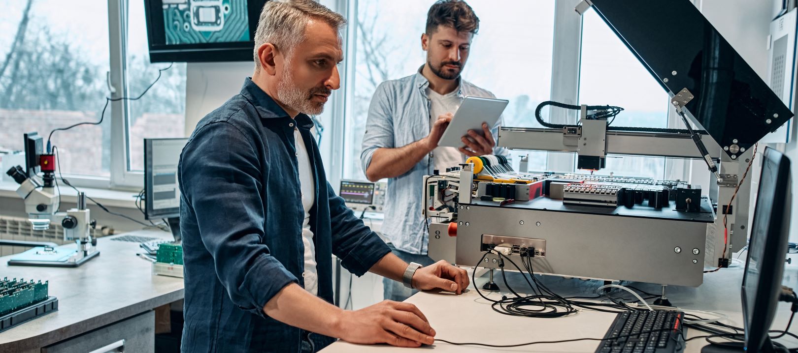 Two people engineering at desk